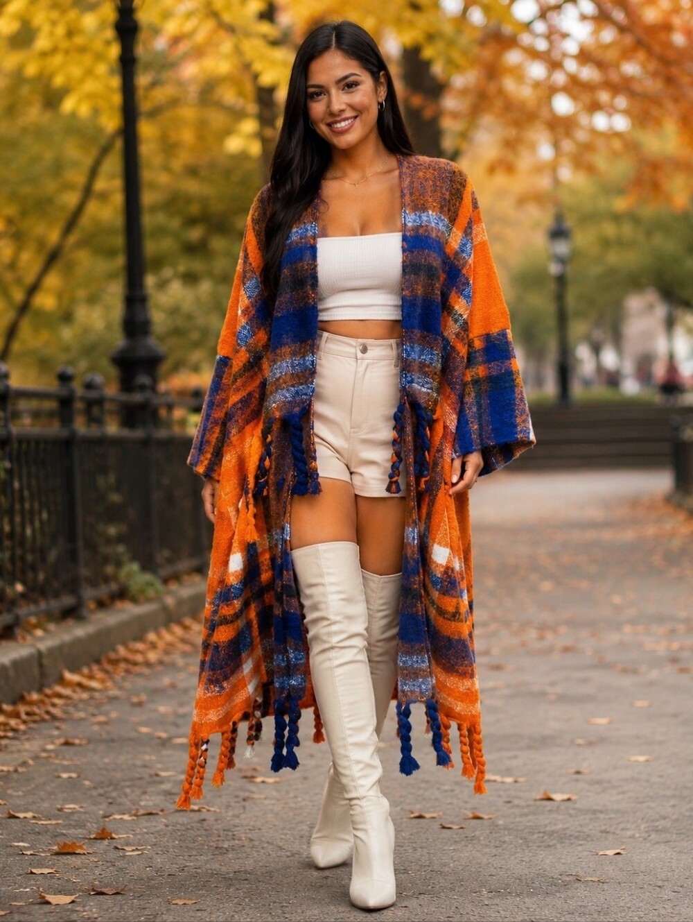 Open-Front Orange Plaid Long Cardigan Coat